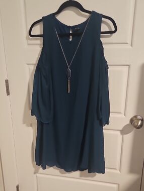 Lily Rose Teal Cold-Shoulder Mini Dress with Pendant
